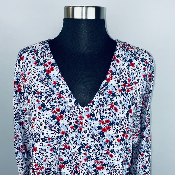 Beach Lunch Lounge Abstract Floral Print V Neck Tie Hem Top Blouse S - Picture 2 of 6